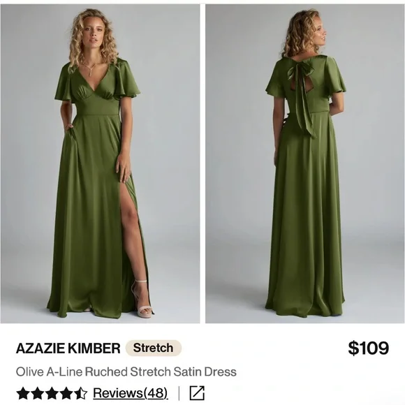 AZAZIE KIMBER Olive A-Line Ruched Stretch Satin Dress - Picture 3 of 10